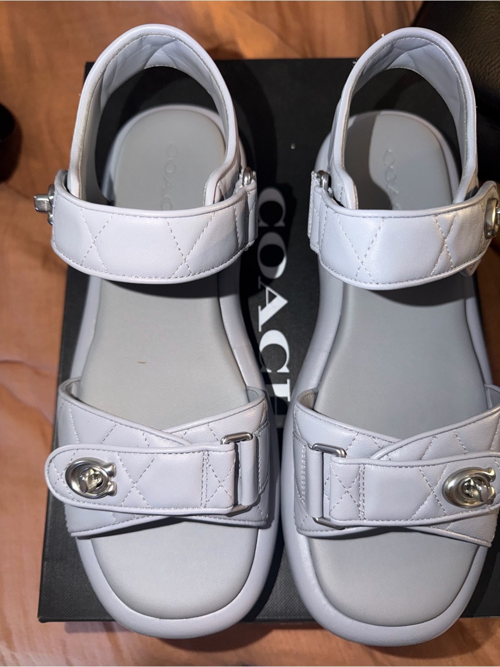 COACH Grey Quilted Leather Platform Sandals with Silver Hardware